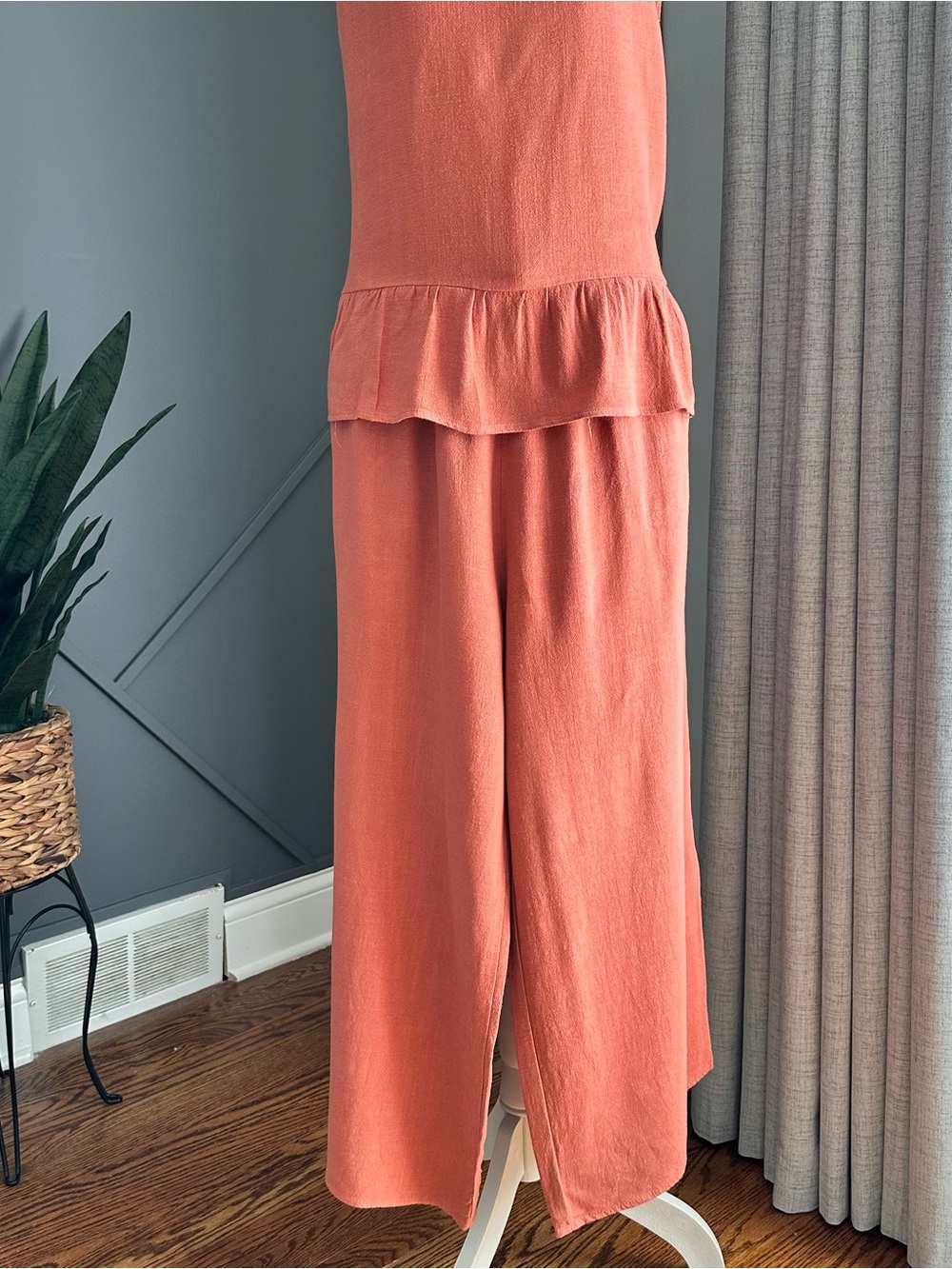 Bohemian Rust-Orange Linen-Blend Top and Pants Set Size Large - Picture 2 of 8